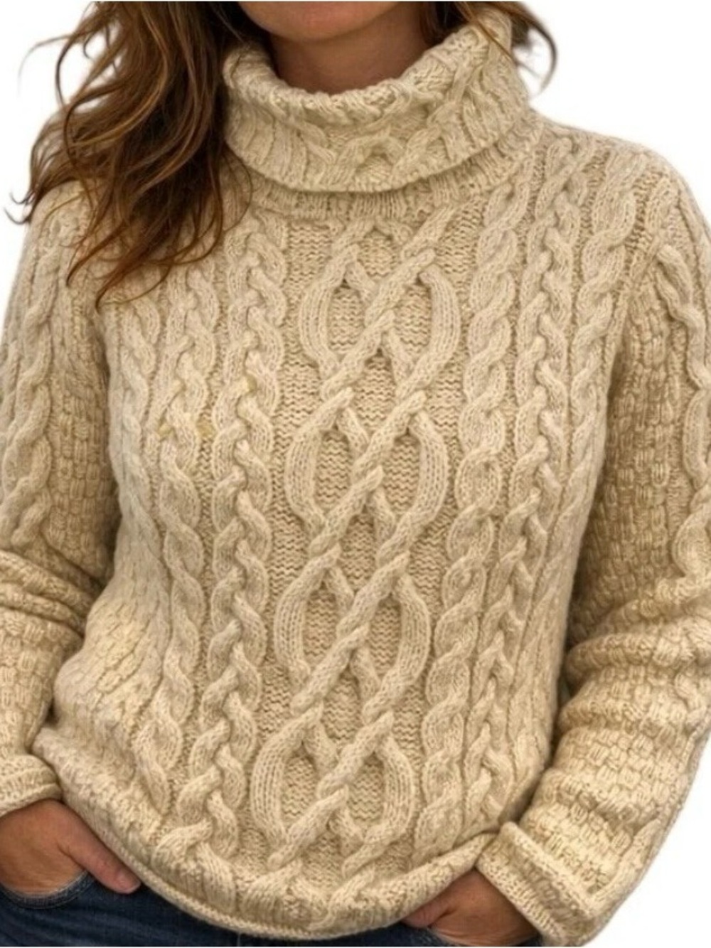 Inis Crafts Women Turtleneck Sweater Cream Cable Merino 100% Wool Large Ireland